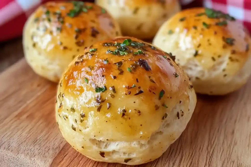 Golden-brown garlic butter cheese bomb topped with herbs, resting on a wooden serving board.