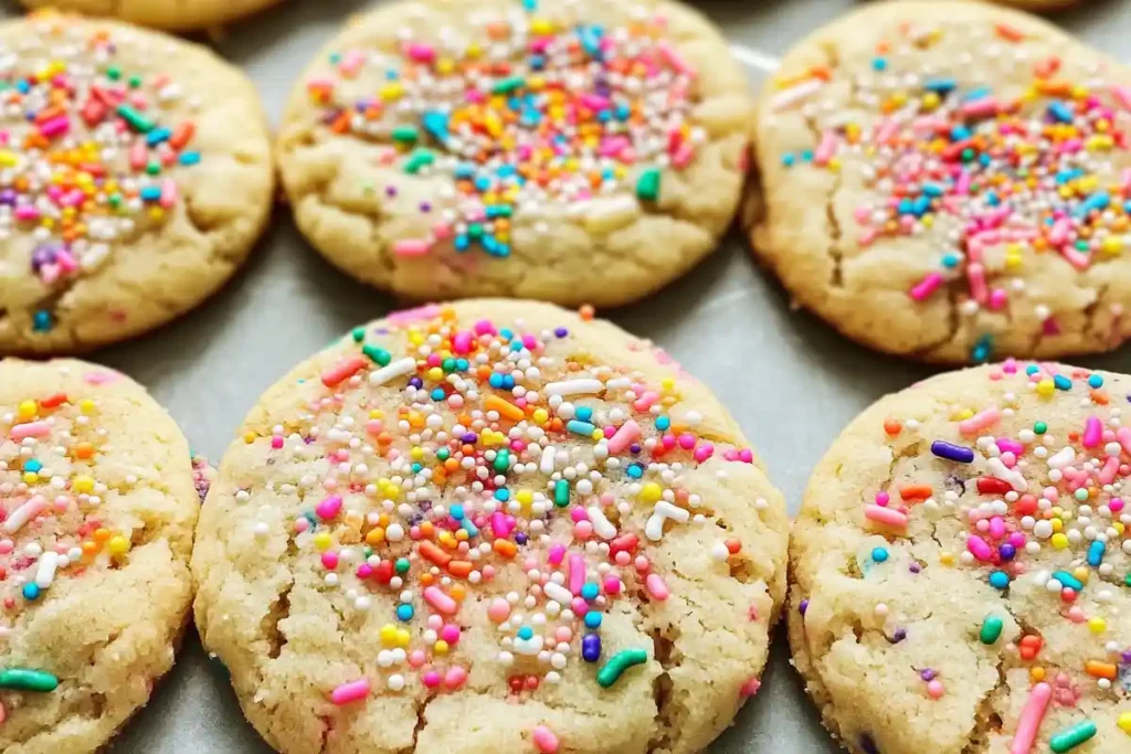 A close-up of sugar cookies topped with colorful sprinkles.