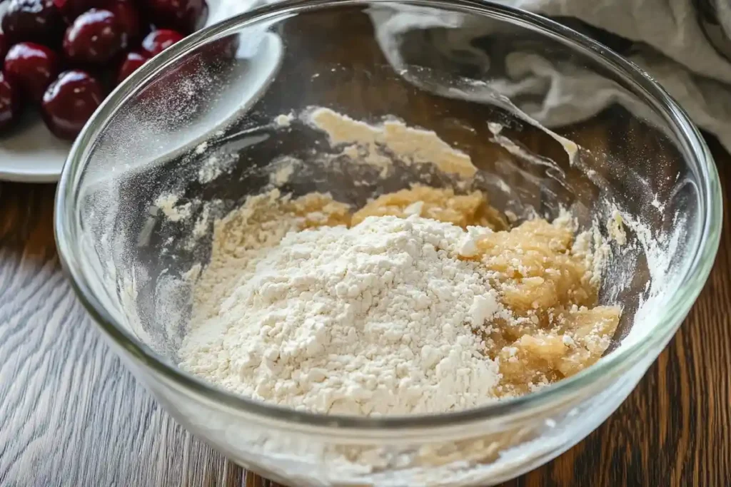 Flour being added to a bowl of wet cookie dough ingredients, ready for mixing, on a wooden table with cherries in the background.