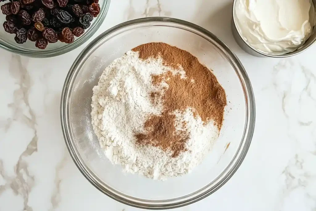 Flour and cinnamon mixed in a glass bowl, surrounded by raisins and cream cheese, on a marble countertop