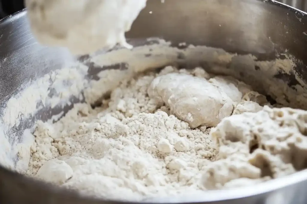 A bowl showing flour being incorporated with sourdough starter to form the dough base.