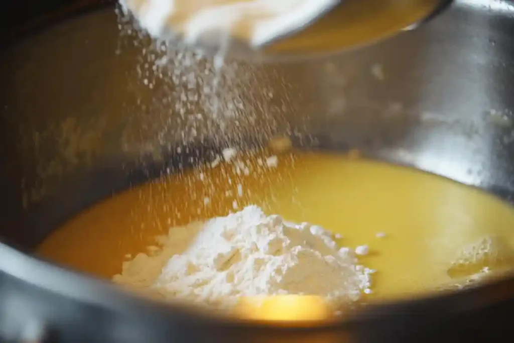 Flour being gently sifted into melted butter in a saucepan, beginning the roux preparation.