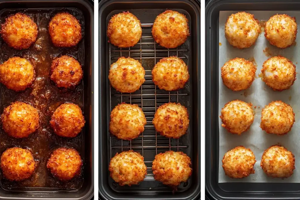 : Crab balls cooked by frying, baking, and air frying