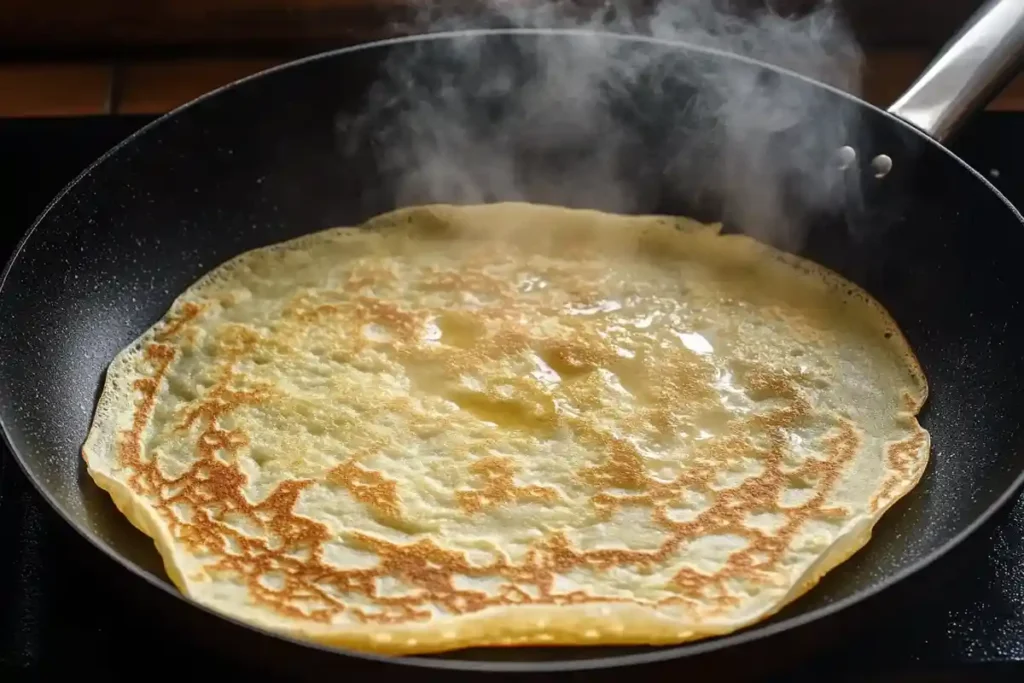 A golden sourdough discard crepe cooking in a hot skillet, with steam rising gently from the surface.