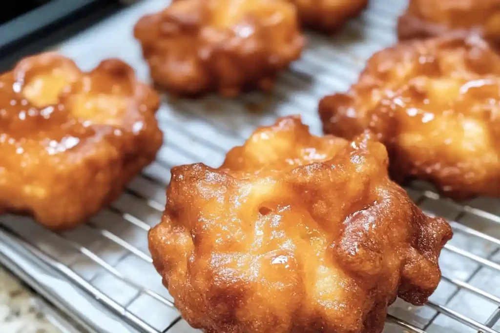 Freshly fried sourdough apple fritters resting on a cooling rack, glistening with a golden brown finish.