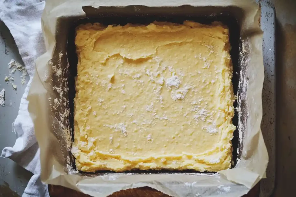 Sourdough Cornbread Recipe: Cornbread batter spread evenly in a parchment-lined square baking pan, dusted lightly with flour.