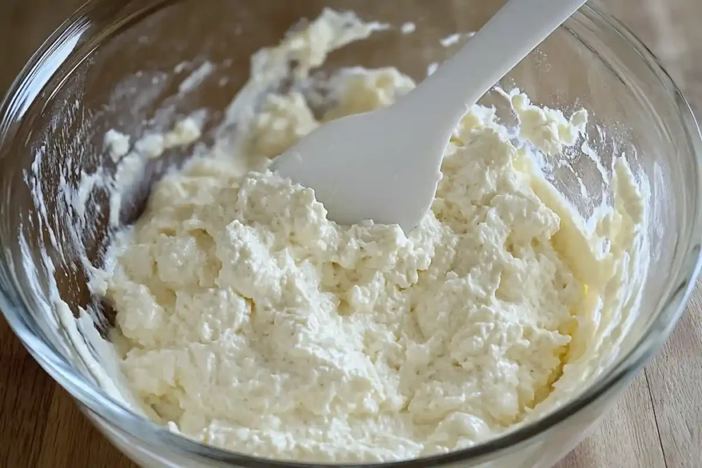 A smooth cheese filling mixture in a glass bowl.
