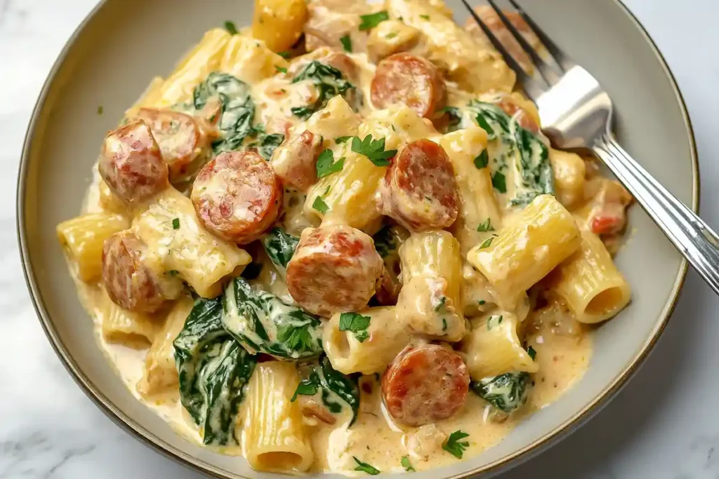 A serving of creamy Italian sausage pasta in a bowl, topped with parsley and a fork on the side.