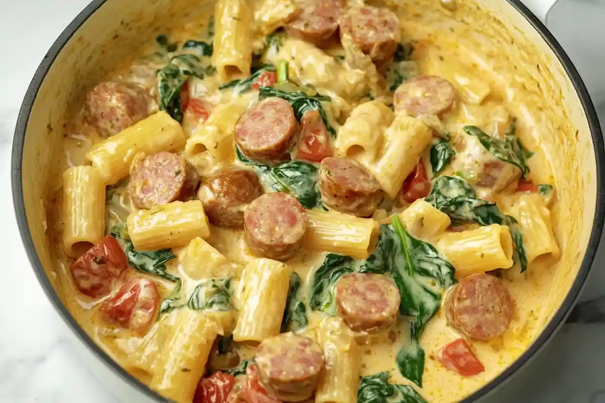 A skillet full of creamy Italian sausage pasta with spinach, sausage slices, and rigatoni, ready to serve.