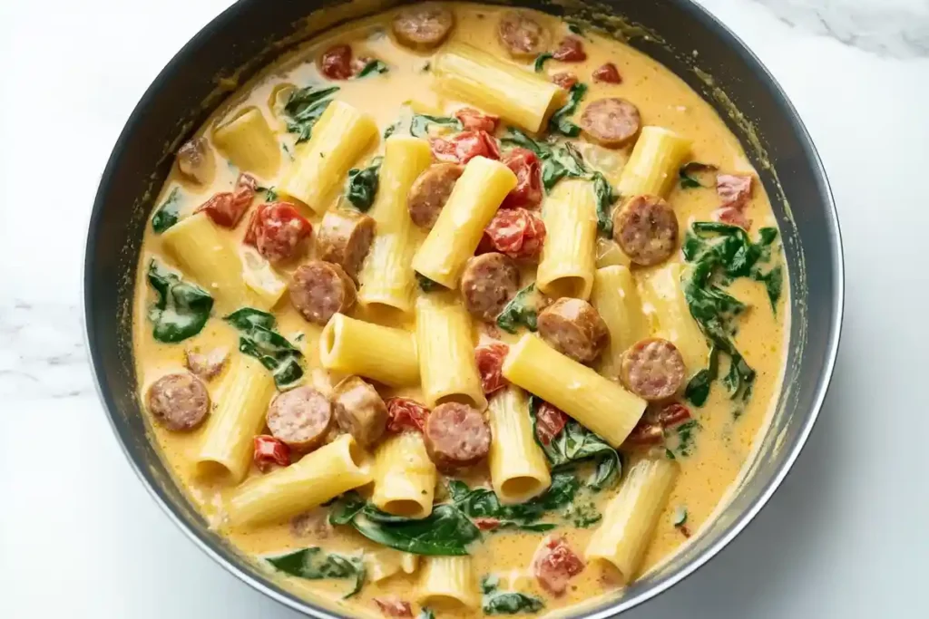 Rigatoni pasta with Italian sausage, fresh spinach, and cherry tomatoes in a creamy sauce in a large skillet.