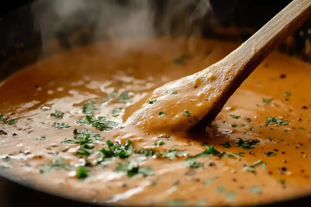 A skillet with rich, creamy sauce being stirred with a wooden spoon, emitting steam and garnished with herbs.