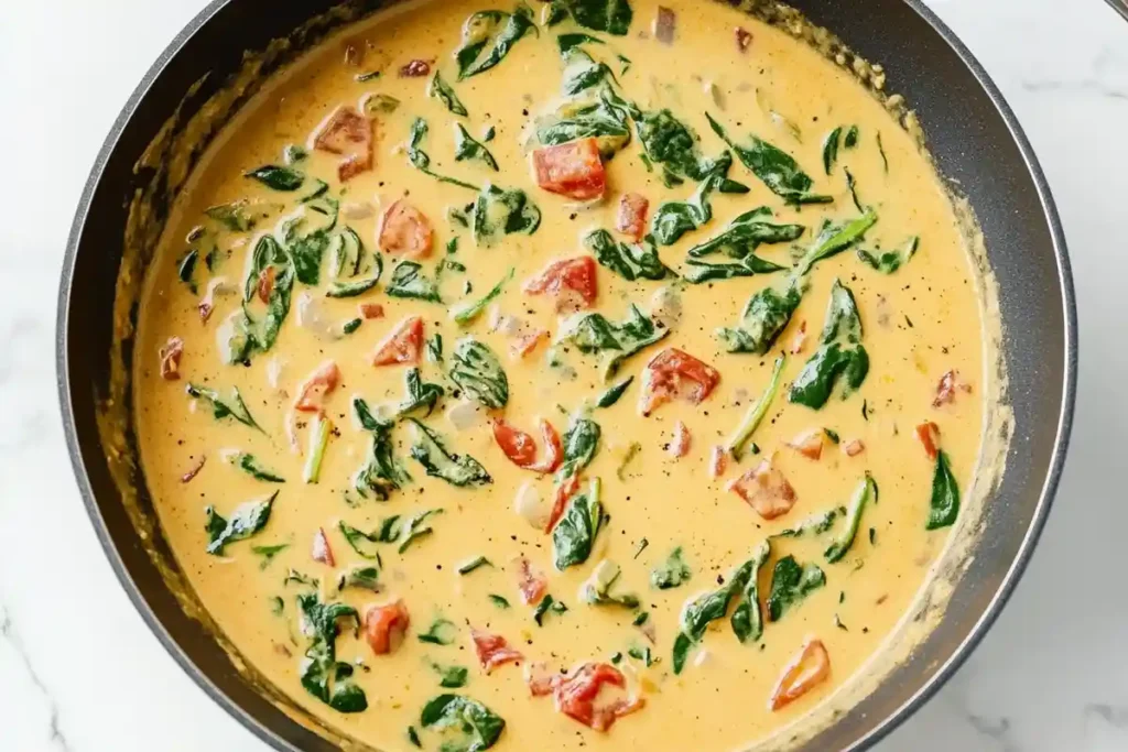  A skillet of creamy sauce mixed with wilted spinach and fresh cherry tomatoes, ready for pasta to be added.