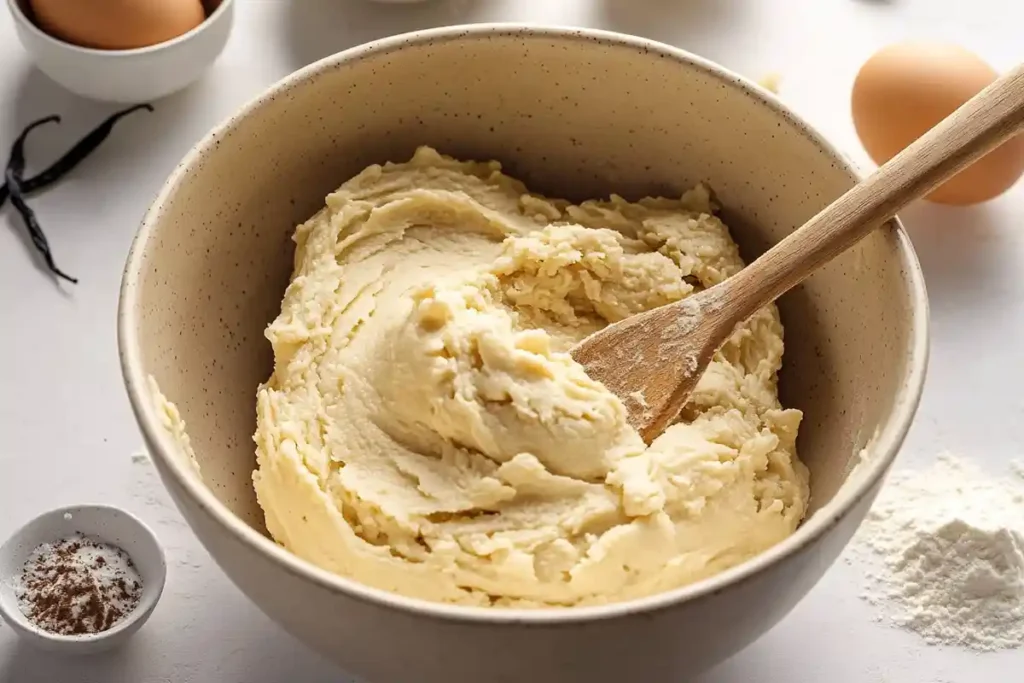 A creamy, smooth batch of sourdough discard cookie dough in a mixing bowl with a wooden spoon, surrounded by baking ingredients.