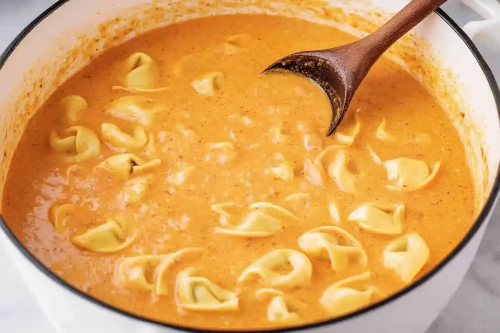 A pot of thick, creamy tomato soup with tender cheese tortellini, stirred with a wooden ladle, creating a velvety and smooth texture.