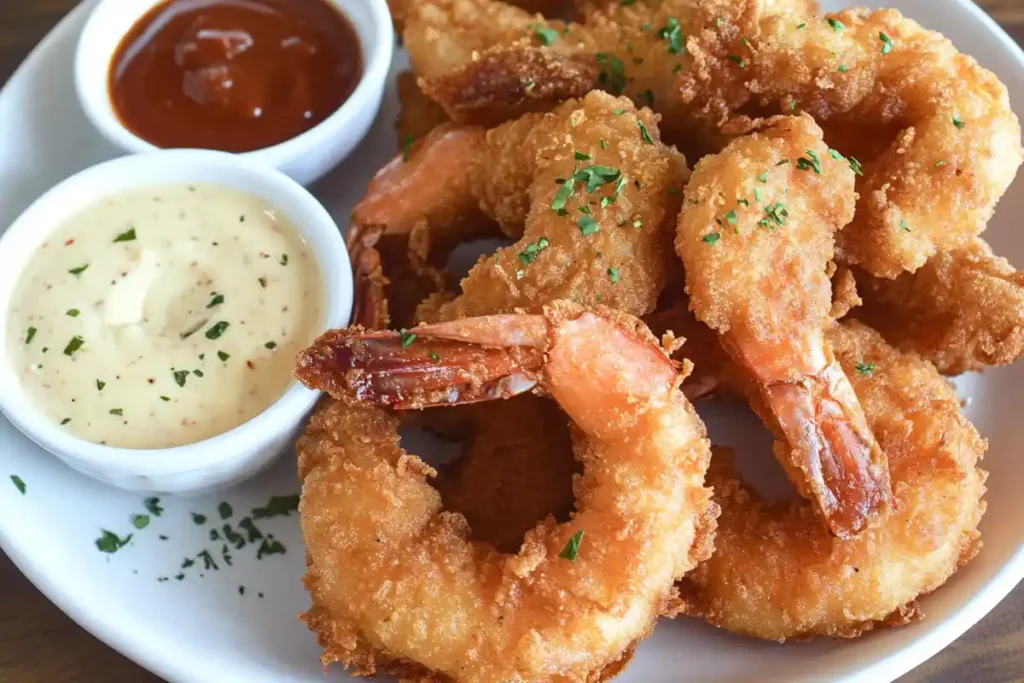 Golden battered shrimp served with two dipping sauces on a white plate, garnished with parsley.