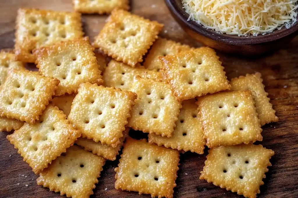 Golden, crispy sourdough discard Cheez Its with a sprinkle of grated Parmesan on a rustic wooden surface.