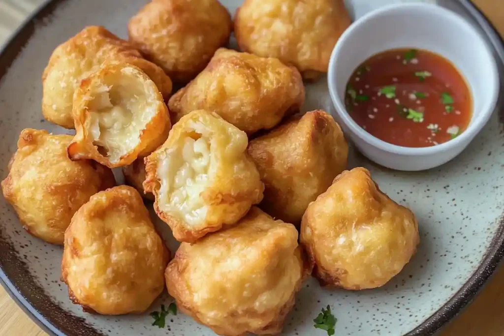 Golden-brown pan-fried sourdough discard dumplings served with dipping sauce on a rustic plate.