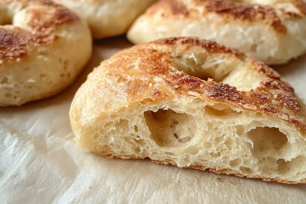 Close-up view of a sliced Asiago sourdough bagel, showing its airy interior and golden-brown crust.