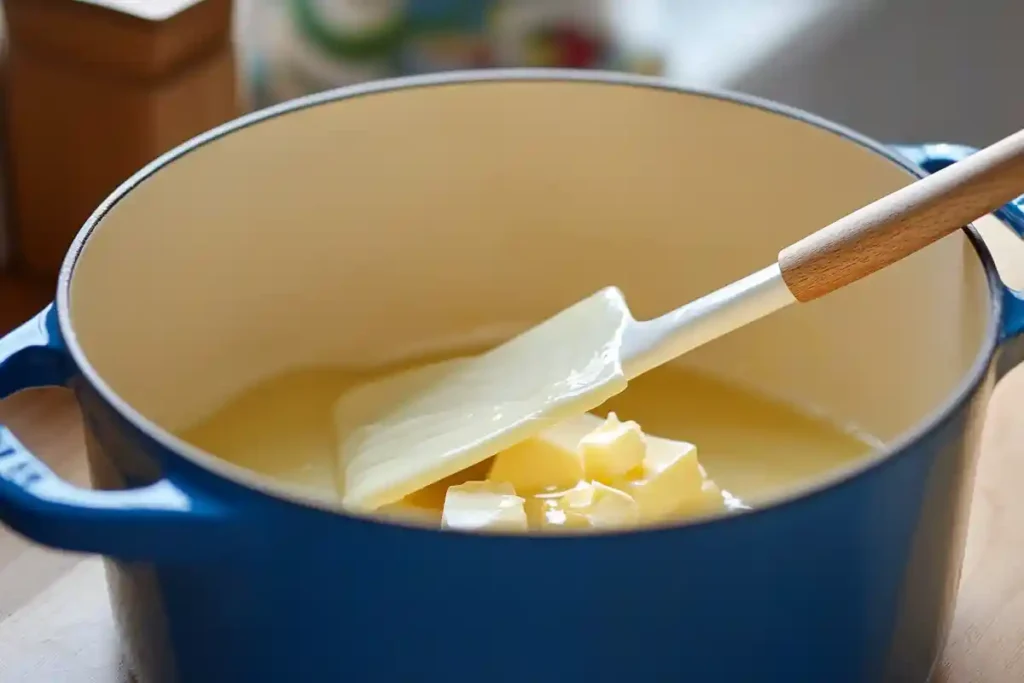 Cubed butter melting in a blue pot with a white spatula stirring, preparing for browning.