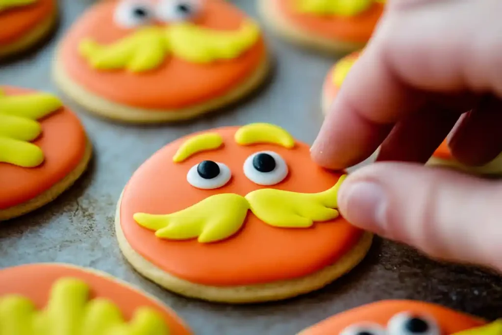 Lorax cookies in the decoration stage with bright icing and piping bags creating intricate details.