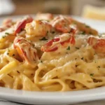 A close-up shot of creamy crawfish fettuccine garnished with fresh parsley and Parmesan cheese.