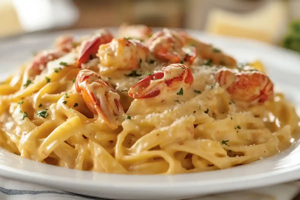 A close-up shot of creamy crawfish fettuccine garnished with fresh parsley and Parmesan cheese.