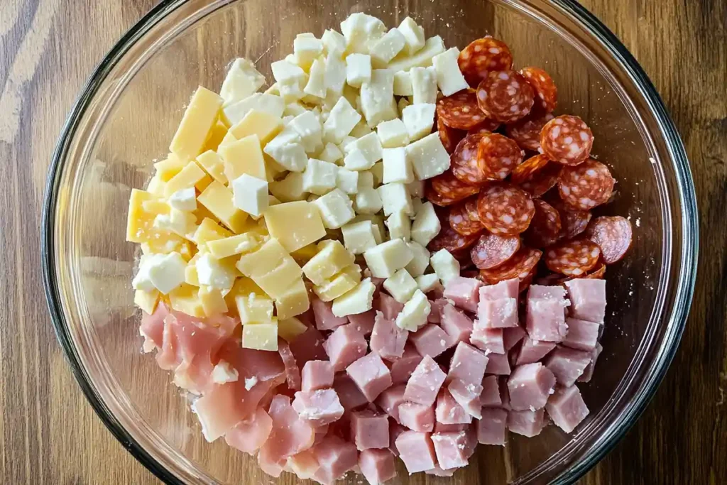 A bowl containing diced cured meats and cheeses, including salami, ham, mozzarella, and provolone.
