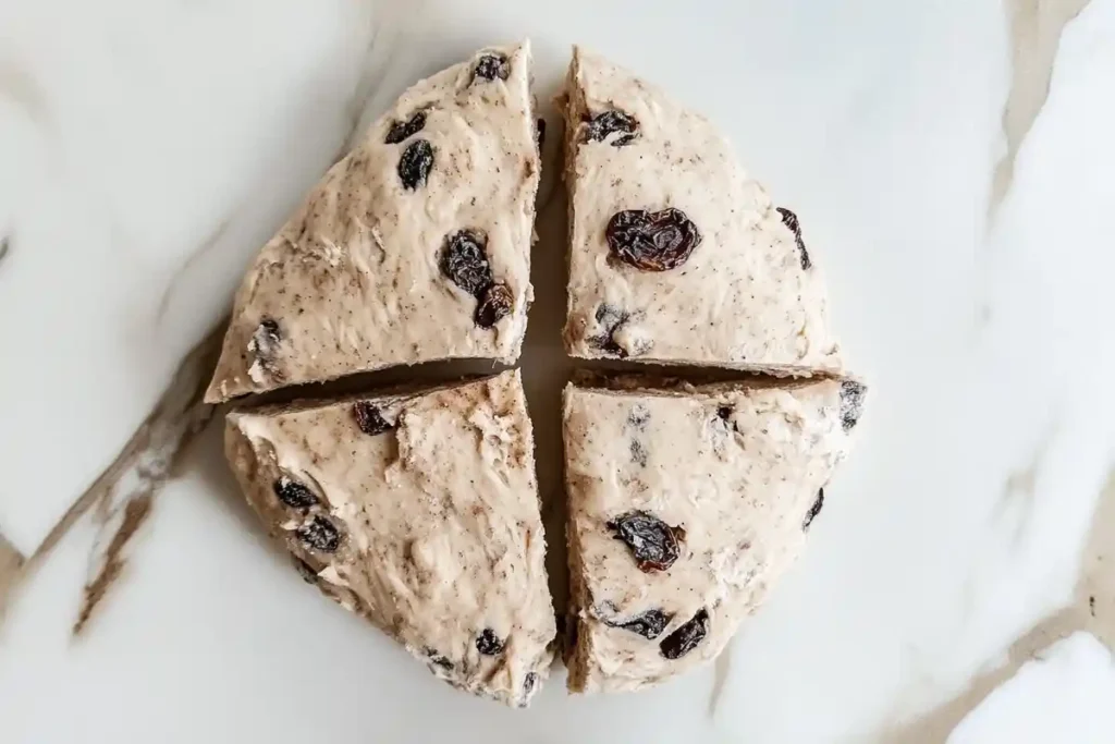 Sourdough cinnamon raisin dough divided into four equal portions on a marble countertop, ready for shaping.