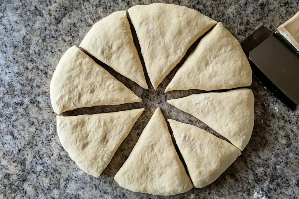 Sourdough dough divided into equal triangular pieces, ready to be shaped into bagels.