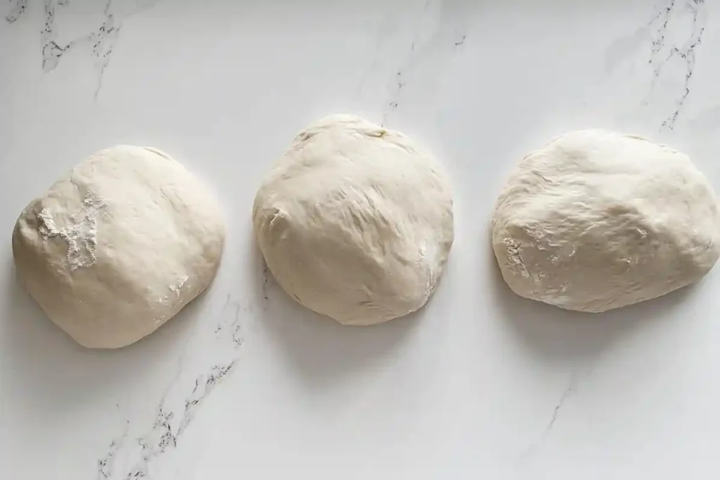 Three evenly portioned pieces of sourdough dough resting on a marble surface, ready for shaping.