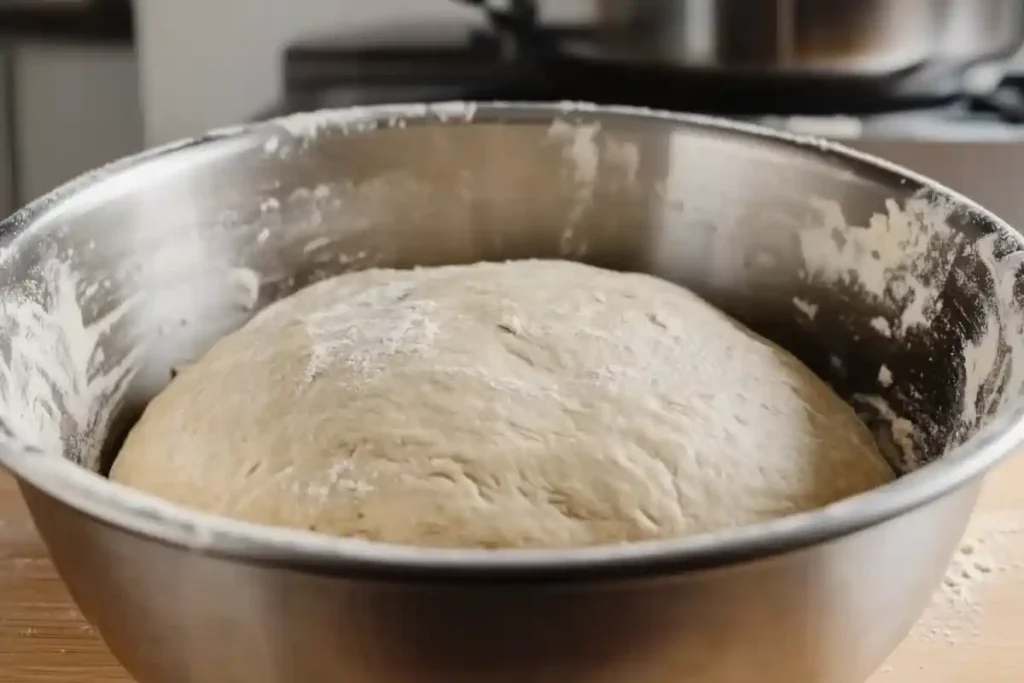 Sourdough dough in a bowl, lightly floured, ready for its first rise during the bread-making process.