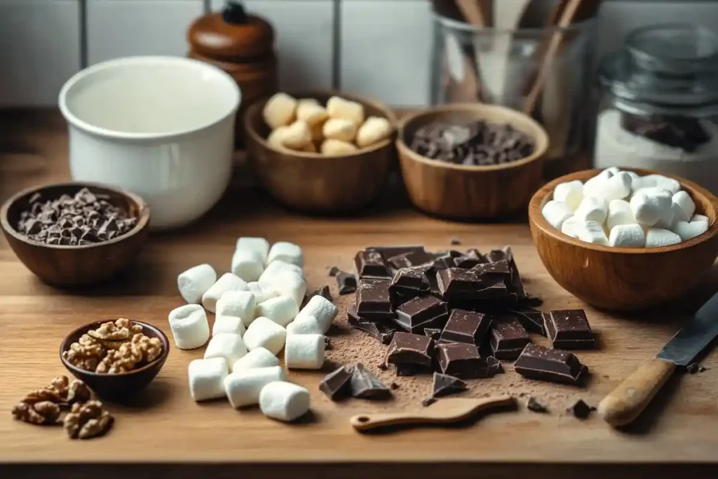  A beautifully arranged display of key ingredients for Heavenly Hash Brownies, including chocolate chunks, marshmallows, nuts, and baking essentials on a wooden countertop