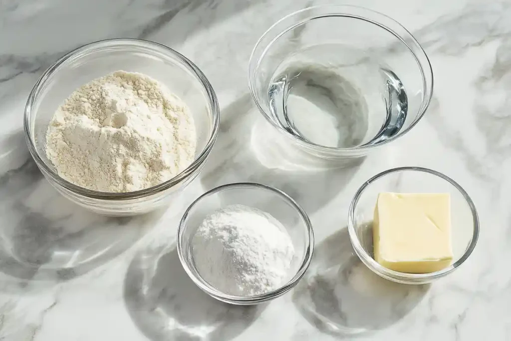 Bowls of flour, butter, sugar, and ice water arranged neatly on a marble countertop, ready for pie crust preparation.