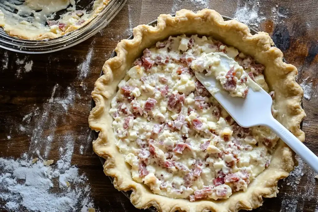 A pie crust filled with a creamy mixture of diced meats, cheeses, and ricotta, spread evenly with a spatula, ready for baking.
