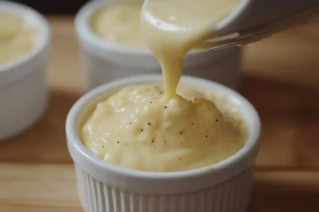 Creamy soufflé batter being poured into a white ramekin, topped with a sprinkle of black pepper, ready to be baked to perfection.