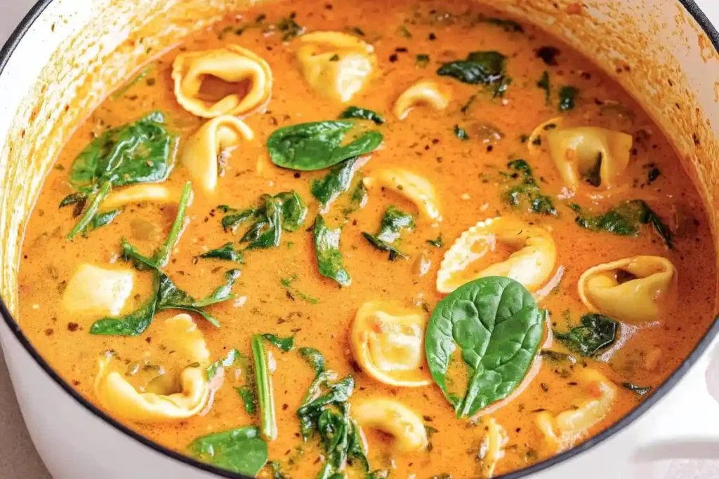 Creamy tomato tortellini soup garnished with fresh basil leaves, served in a white pot, showcasing vibrant colors and a rich texture.