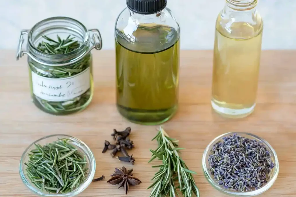 Flat-lay of rosemary water ingredients including rosemary sprigs, cloves, and lavender essential oil.