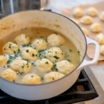 Fluffy sourdough discard dumplings simmering in a broth, garnished with fresh parsley in a white pot.