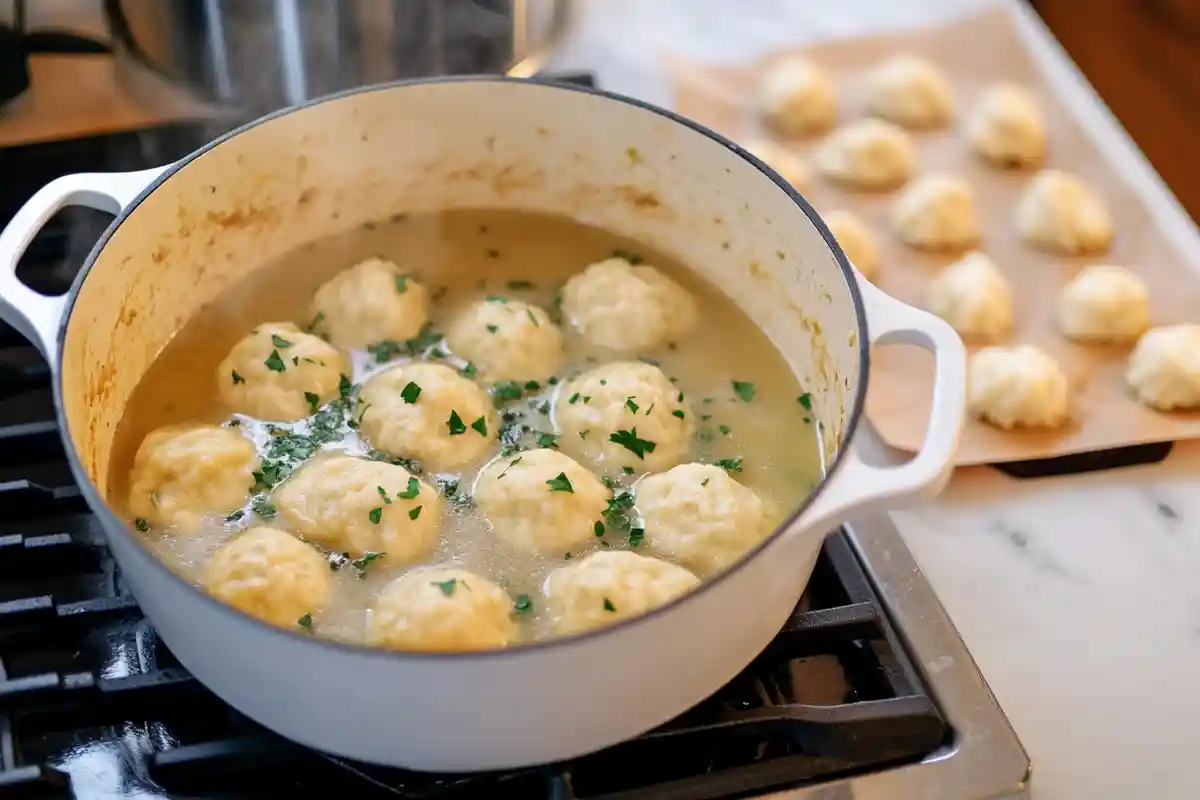 Fluffy sourdough discard dumplings simmering in a broth, garnished with fresh parsley in a white pot.