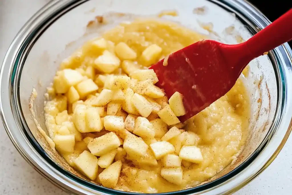  Diced apples coated with cinnamon being gently folded into sourdough batter using a red spatula.