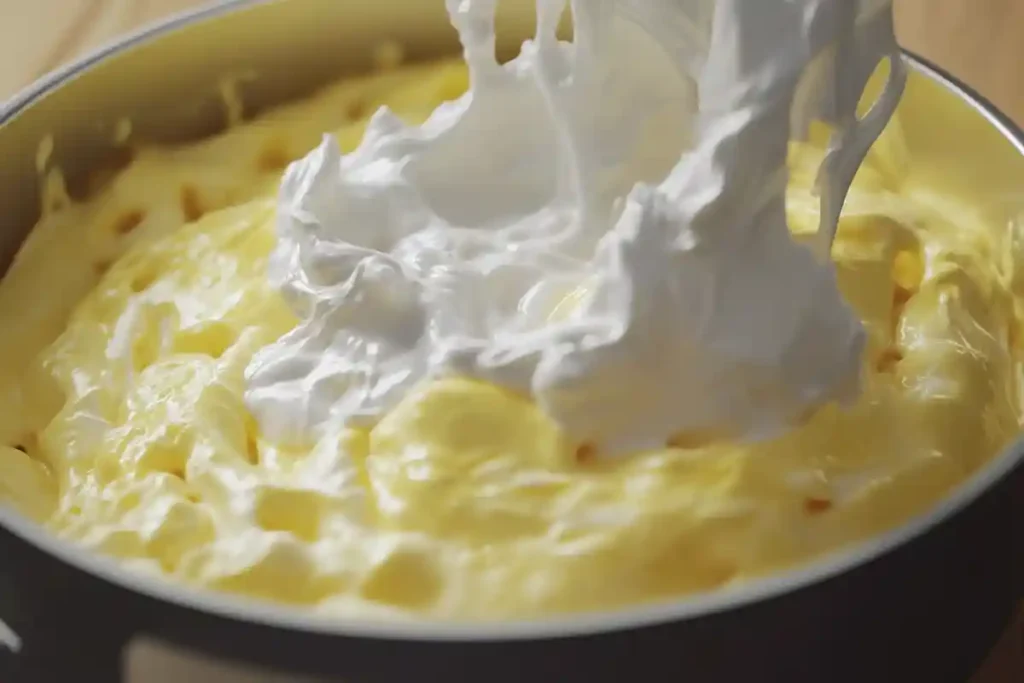 A spatula gently folding whipped egg whites into the yellow soufflé base, showcasing the delicate technique required for perfect mixing.