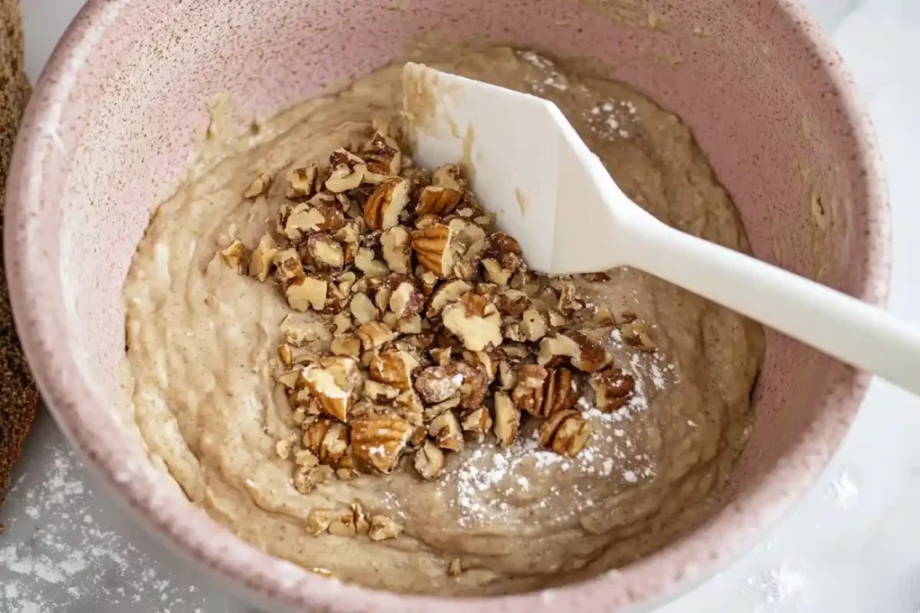 Chopped walnuts being folded into  nut bread batter with a white spatula in a pink mixing bowl.