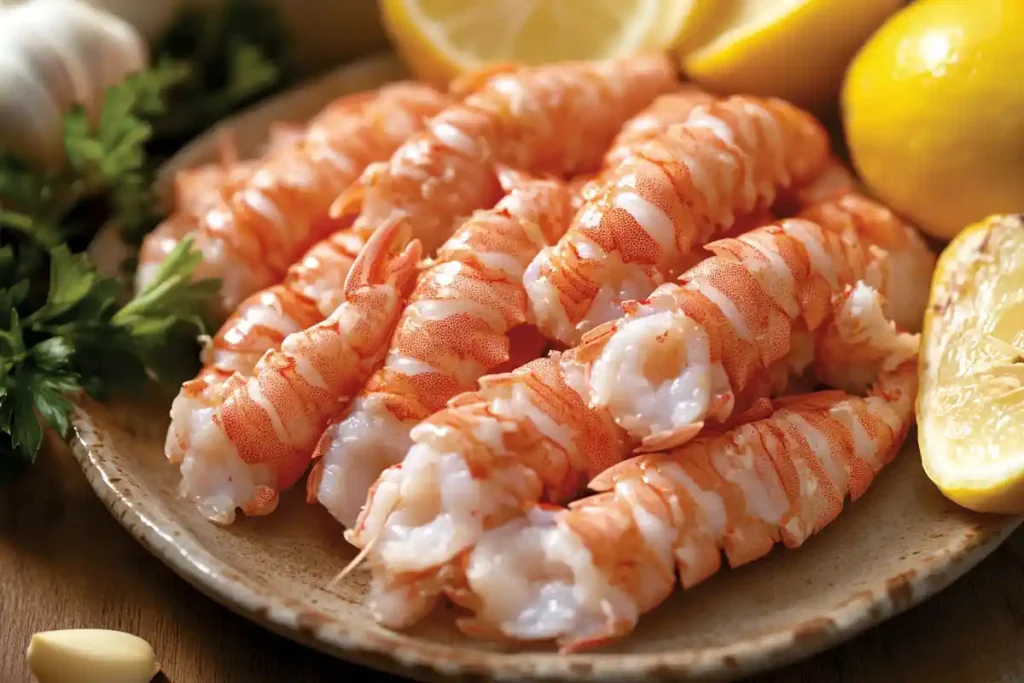 Fresh crawfish tails arranged on a ceramic plate with lemon wedges, garlic cloves, and parsley garnish.