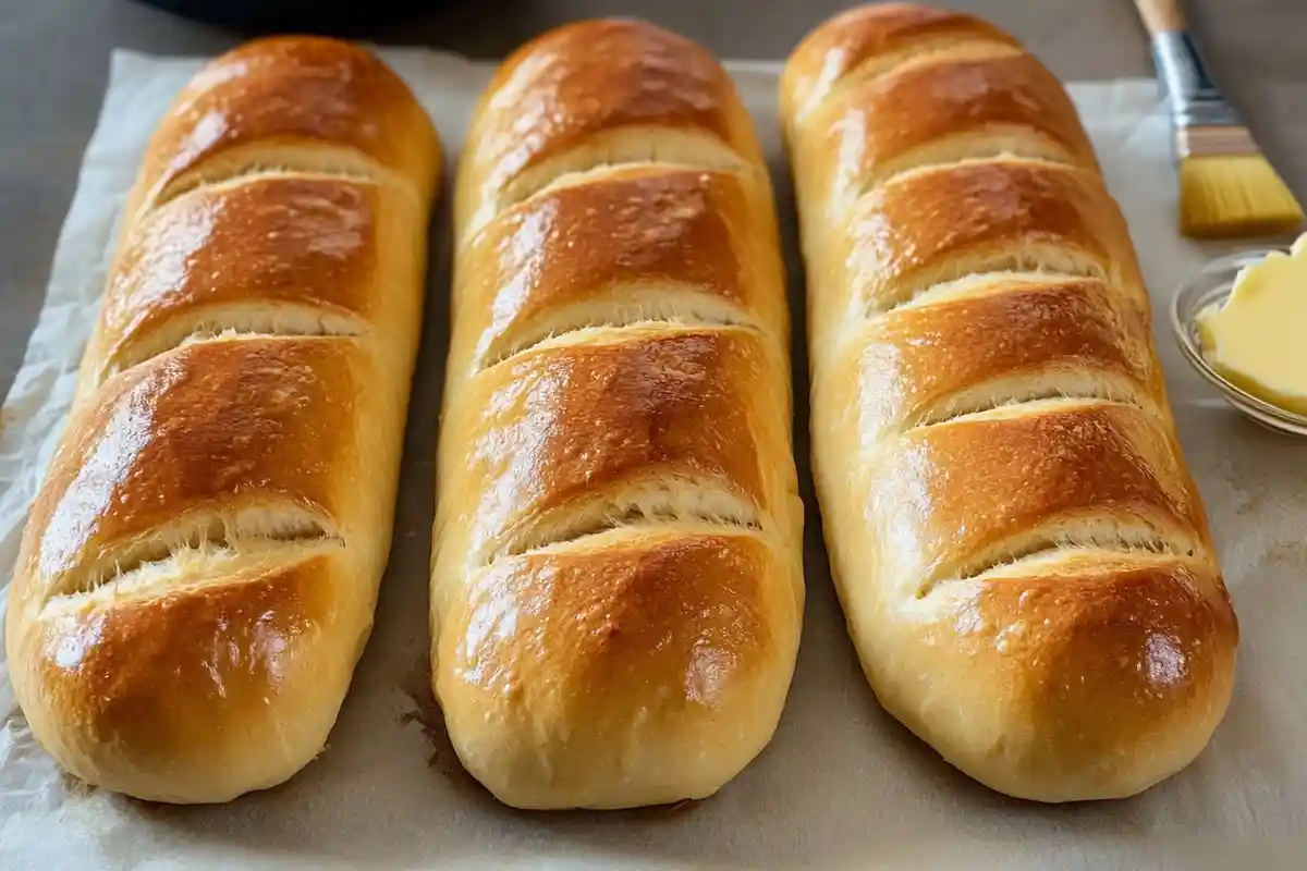 Three sourdough hoagie rolls with a glossy, golden crust resting on parchment paper. A butter brush is visible nearby.