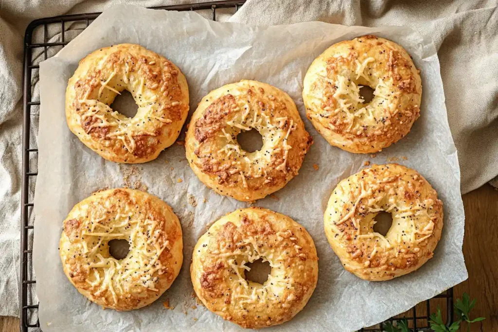 Six golden Asiago sourdough bagels sprinkled with cheese and seeds, resting on parchment paper on a cooling rack.
