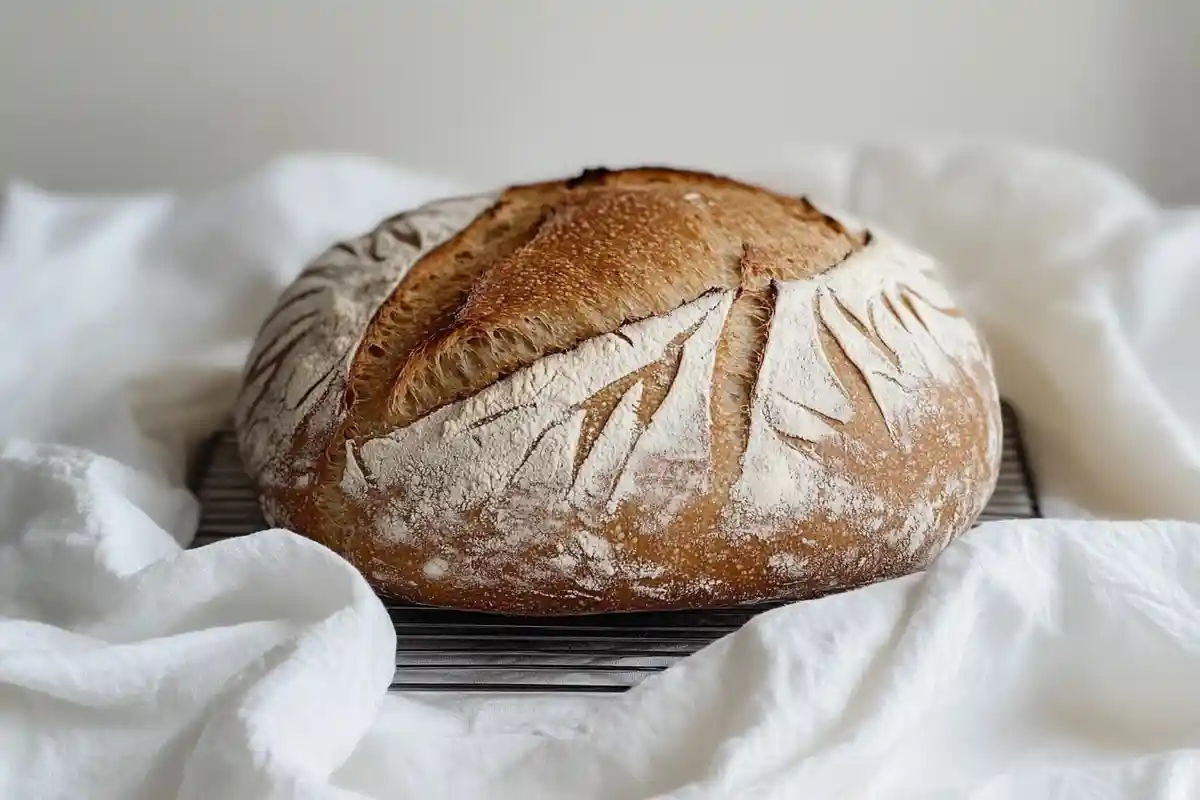 A beautifully baked loaf of buckwheat sourdough bread with a golden crust and decorative scoring.