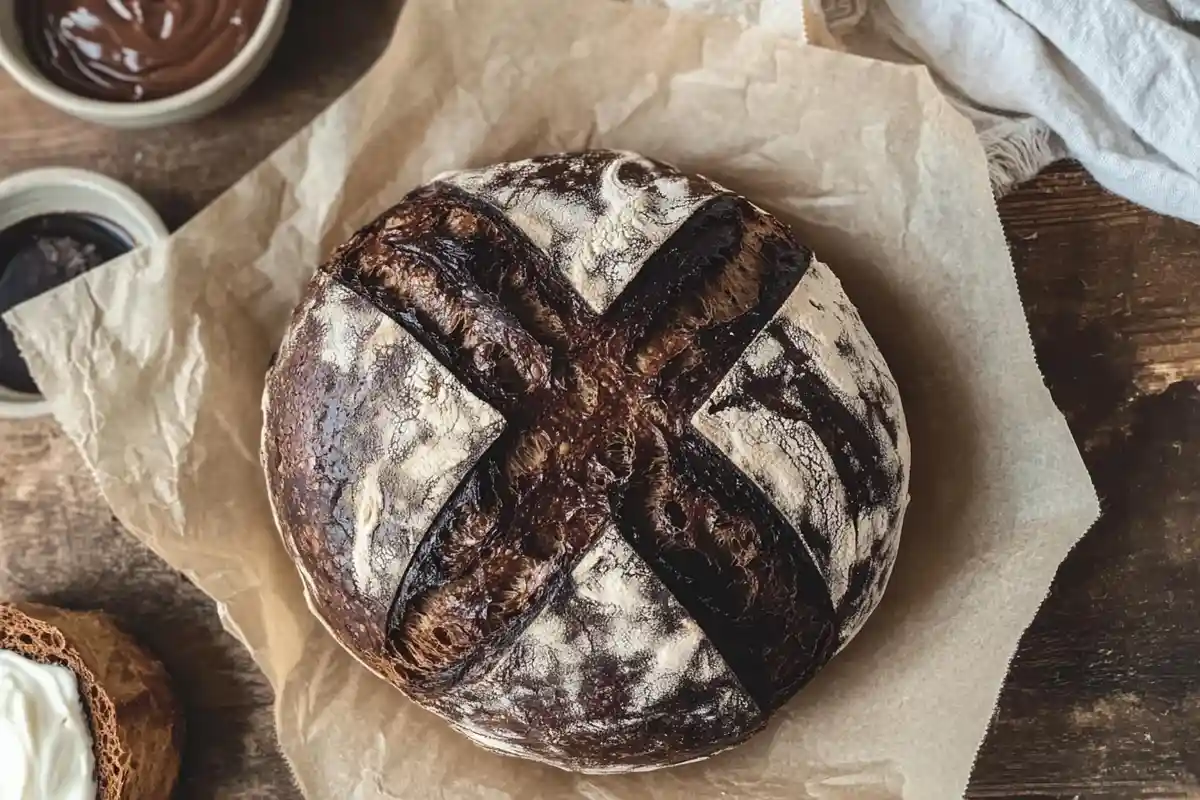 A beautifully baked chocolate sourdough bread loaf with a crisp crust, scored with an 'X,' resting on parchment paper