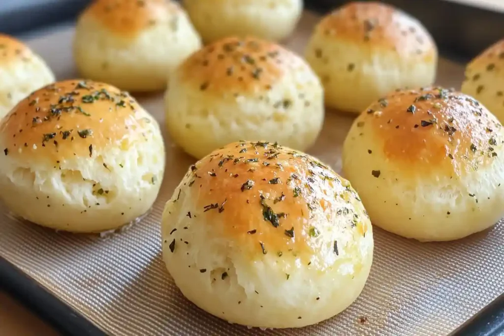 Golden-brown garlic butter cheese bombs fresh out of the oven, glistening with melted butter and herbs.