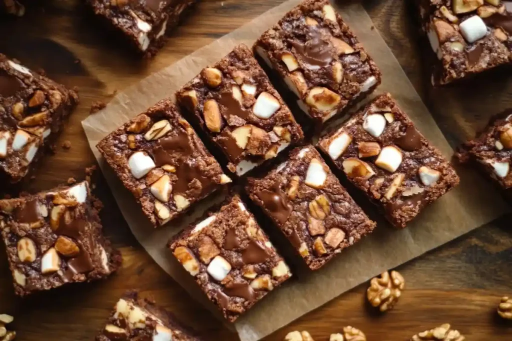 A top-down view of freshly baked Heavenly Hash Brownies, featuring gooey marshmallows, crunchy nuts, and rich chocolate layers on parchment paper