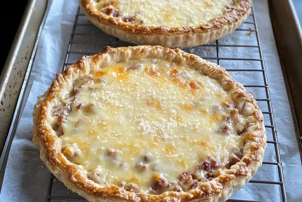 Two freshly baked Italian Easter Pies cooling on a rack, with golden brown crusts and bubbling cheese on top.
